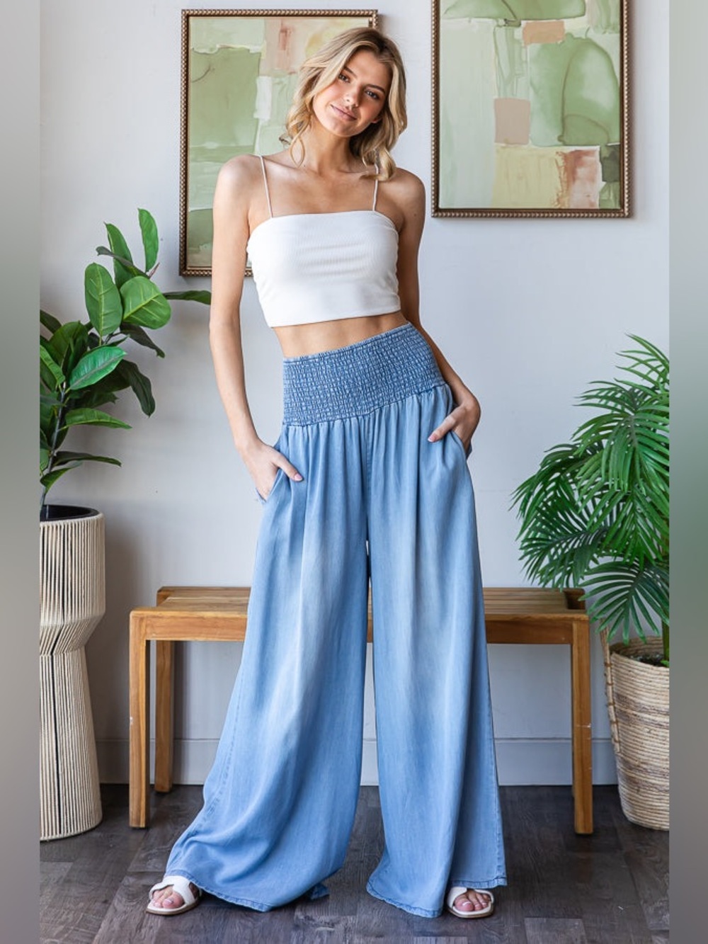 Oli & Hali Smocked-Waist wWide Leg Pants - Light Blue Size Large